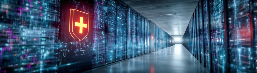 Futuristic data center corridor with digital elements and Swiss emblem.