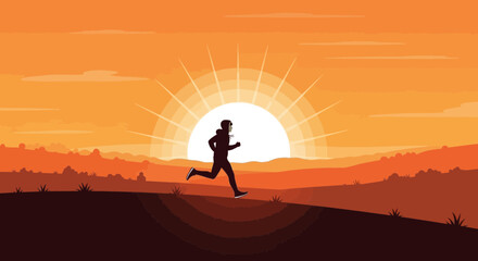 Silhouette Runner Embracing Sunrise Over Hilly Terrain For A Motivational Athletic Design
