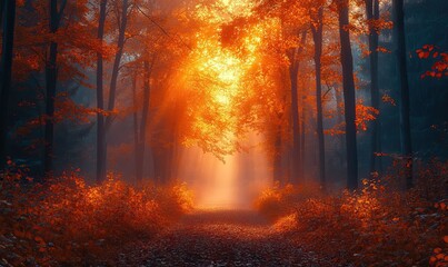 A breathtaking autumnal forest bathed in golden light, showcasing natures beauty