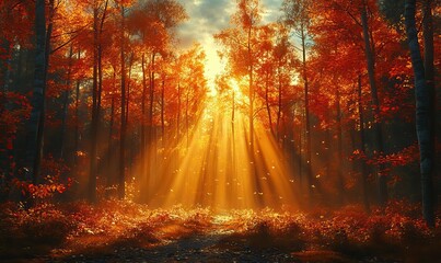 Fototapeta premium Autumnal Forest Path Bathed in Golden Sunlight with Falling Leaves and Haze