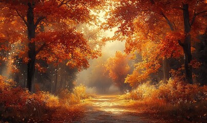 A mesmerizing autumn pathway, bathed in golden sunlight, leading to a dreamy forest.