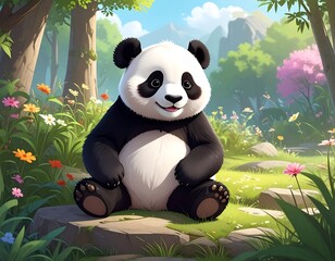 Cute panda in a floral forest setting