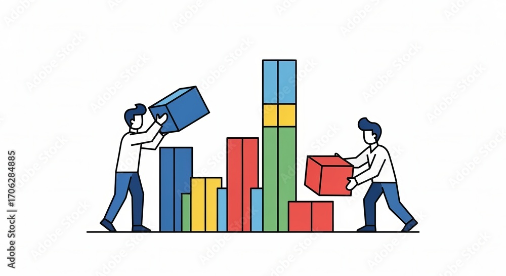 Poster building blocks of success: two figures collaborate, meticulously assembling vibrant blocks to creat