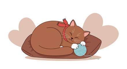 Sleeping Cat With A Ball Of Yarn And Heart Shaped Soft Pillows, Cute And Funny