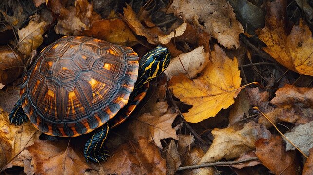 Eastern box turtle nestled in sunlit undergrowth, its shell pattern perfectly echoing fallen leaves and warm soil tones