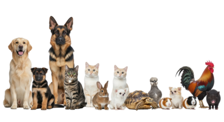 Diverse domestic animals including dogs, cats, birds, and small farm animals, neatly lined in a pristine, bright white studio with soft lighting and copy space. Concept of animal harmony