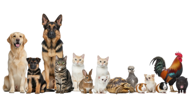 Diverse domestic animals including dogs, cats, birds, and small farm animals, neatly lined in a pristine, bright white studio with soft lighting and copy space. Concept of animal harmony