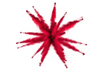 Vibrant rich red Holi powder explosion, fine particles in a dynamic starburst shape, frozen mid-air against a transparent studio background, high-speed photography concept of dynamic impact