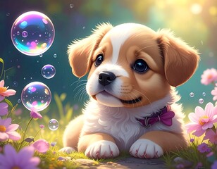 Cute puppy in a garden with bubbles