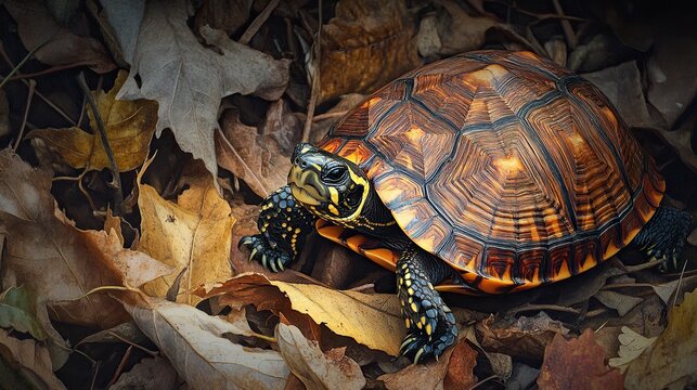 Eastern box turtle nestled in sunlit undergrowth, its shell pattern perfectly echoing fallen leaves and warm soil tones