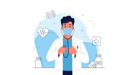 Smiling Doctor in Medical Mask: Healthcare Icon, Medicine and Medical Illustration