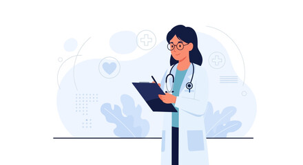 Smiling Healthcare Professional in Coat, Documenting Patient Information, Modern Medical