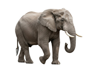 Fototapeta premium Adult African elephant, grey skin, fanned ears, wrinkled trunk, white tusks, mid-stride, isolated on white background with copy space, wildlife conservation concept
