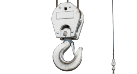 Heavy-Duty White Metal Crane Hook with Cable and Visible Wear.