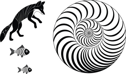 Abstract black and white geometric fox, fish, and spiral design, modern digital art, optical illusion pattern, sty