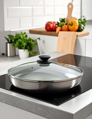 Stainless steel pan with glass lid on a countertop