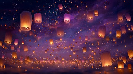 Sky filled with glowing lanterns at night, beautiful soft light painting the scene