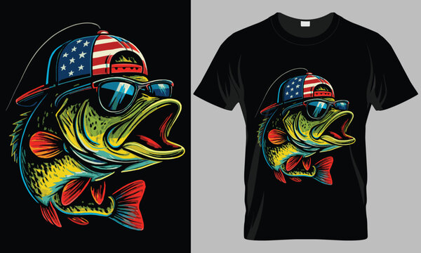 Cool Bass Fish with Sunglasses and American Flag Hat T-shirt Design
