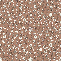 Monochrome brown and white ditsy floral seamless pattern. Hand drawn vintage backdrop with tiny flowers. Cottagecore texture