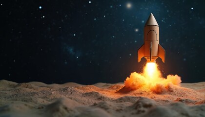 Cardboard rocket takes off from sandy surface into starry night sky. Concept of business startup, innovation, growth. Ambition, progress, exploration towards future goals. Represents journey,