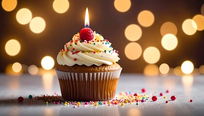 Delicious birthday cupcake with candle