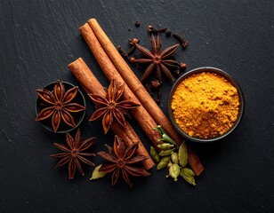 Aromatic spices on dark slate