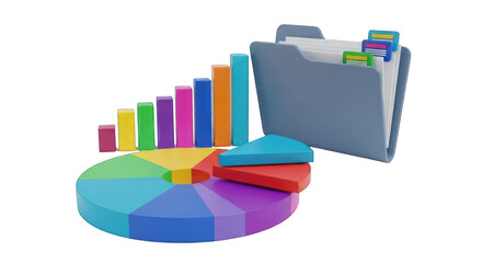 Colorful Business Data Visualization with Pie Chart Bar Graph and File Folder.