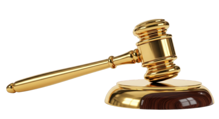 Shiny Golden Gavel and Sound Block on White.