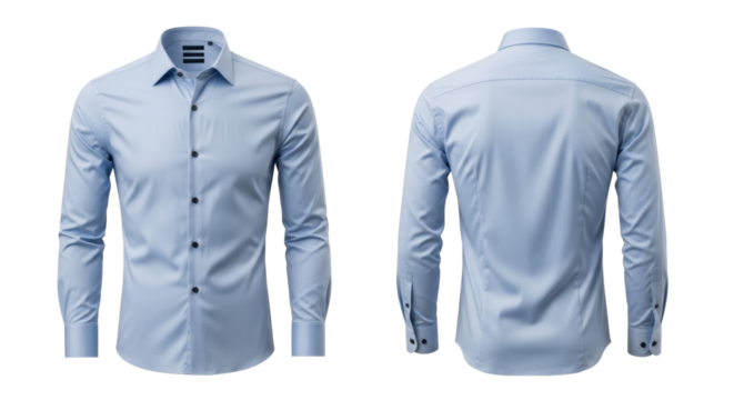 Light blue men's long-sleeved button-down formal shirt, classic collar, dark buttons, ghost mannequin, isolated on white, with copy space, e-commerce product display concept