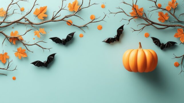 This festive arrangement features a bright orange pumpkin surrounded by black paper bats and autumn leaves. The light blue backdrop enhances the seasonal charm of Halloween decorations.