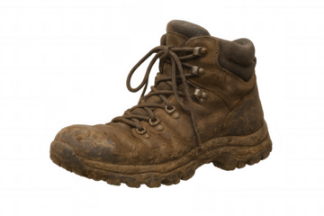 Weathered hiking boot covered in mud, revealing rugged trail experiences against clean transparent backdrop