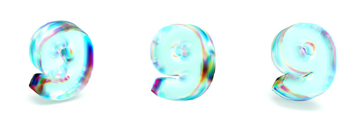 Crystal glass Font Set of number 9 NINE 3D