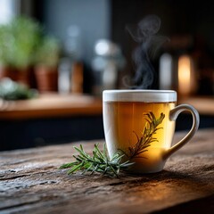 A close-up of a steaming mug of hot herbal tea, with a fresh sprig of rosemary resting against it, on a rustic wooden table in a cozy, warm setting.