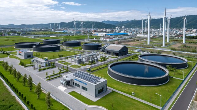 Modern sewage treatment plant generating renewable energy with wind turbines and solar panels