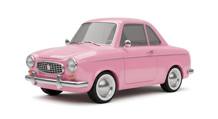 A cartoon pink retro car, rounded feminine design inspired by 1960s style, glossy cartoon shading, isolated on pure white background, no decals.