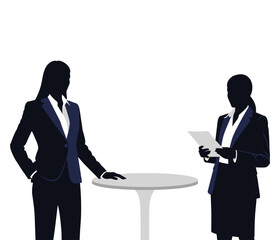 Obraz premium Vector illustration of two businesswomen in suits standing near a round table