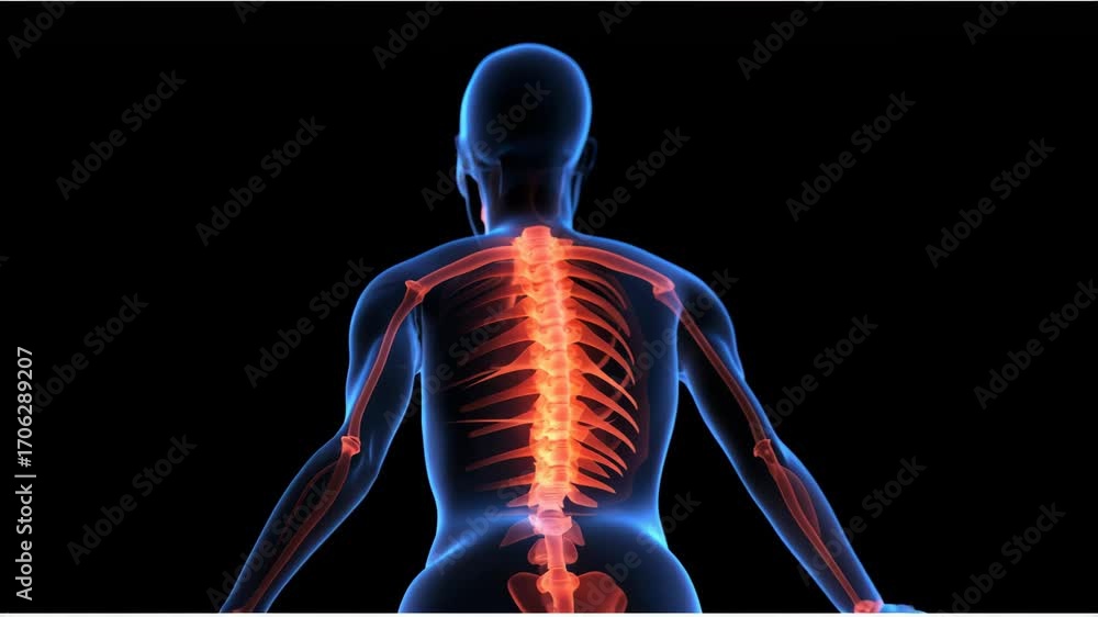 Poster 3d rendering of a human skeleton with glowing spine, viewed from the back. the video style emphasize