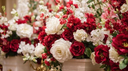 Vibrant floral arrangements showcase red and white roses alongside delicate white flowers in an elegant indoor space. The display adds beauty and charm to the event atmosphere.