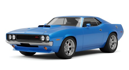 Naklejka premium A cartoon muscle car in solid blue color, exaggerated proportions for cartoon style, strong shadows and highlights, isolated on a clean white background, no stickers or logos.