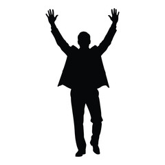 Silhouette of a man in a suit with arms raised in celebration or victory silhouette