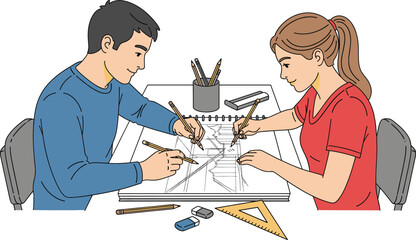 Man and woman drawing together, architecture sketch, teamwork, students collaborating, pencils and tools, design concept, creativity, education, artistic project