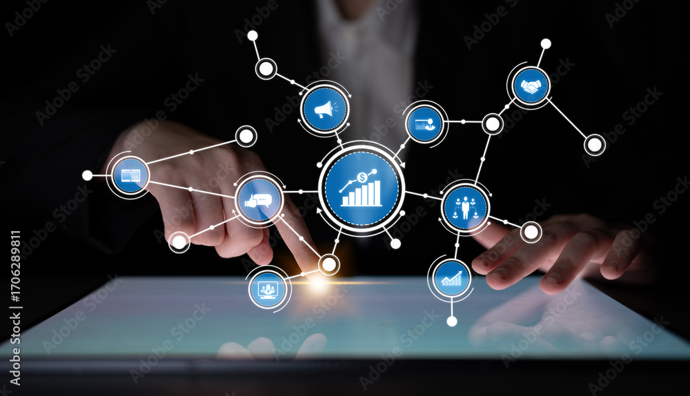 Poster a professional hand interacts with a modern touch screen displaying various icons and graphs, emphas