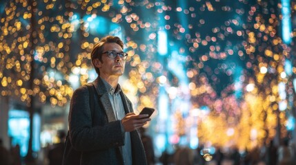 A man with glasses stands on a bustling city street illuminated by colorful festive lights. He is focused on using his smartphone while surrounded by holiday decorations.