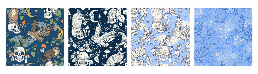 Fototapeta premium Halloween seamless pattern set of hand drawn eagle owls sitting on human skull vector illustration