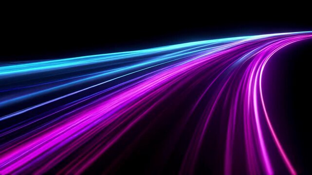 Dynamic video concept with neon light trails in motion. Captured from a low angle, showcasing vibrant pink and blue streaks on a dark background. Live desktop wallpaper.