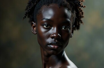 Artistic scene featuring a powerful black woman with a serene expression, captured thoughtfully.