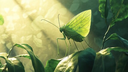 Leaf insect clinging to a sunlit tropical plant, its veined body indistinguishable from the real leaves fluttering in the warm breeze 