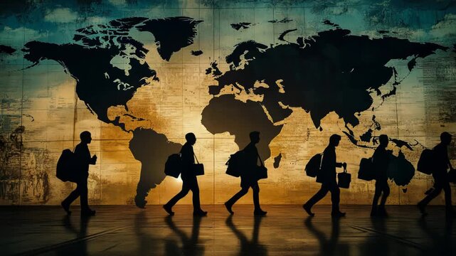 Silhouettes of people carrying belongings on the background of the world map against the background of the sunset orange sky