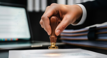 Official document stamping services for business legal and notary public approval with professional hand holding stamp