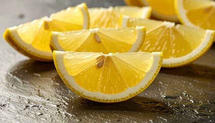 Close-up of sliced lemons on dark stone